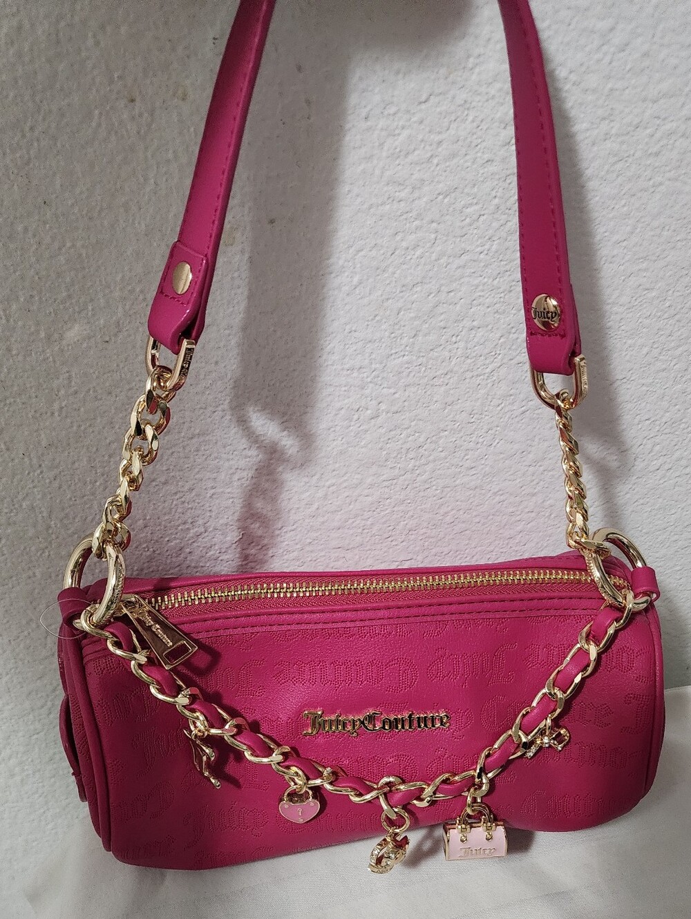 Juicy Couture Hot Pink Logo-Embossed Shoulder Bag with Gold Chain